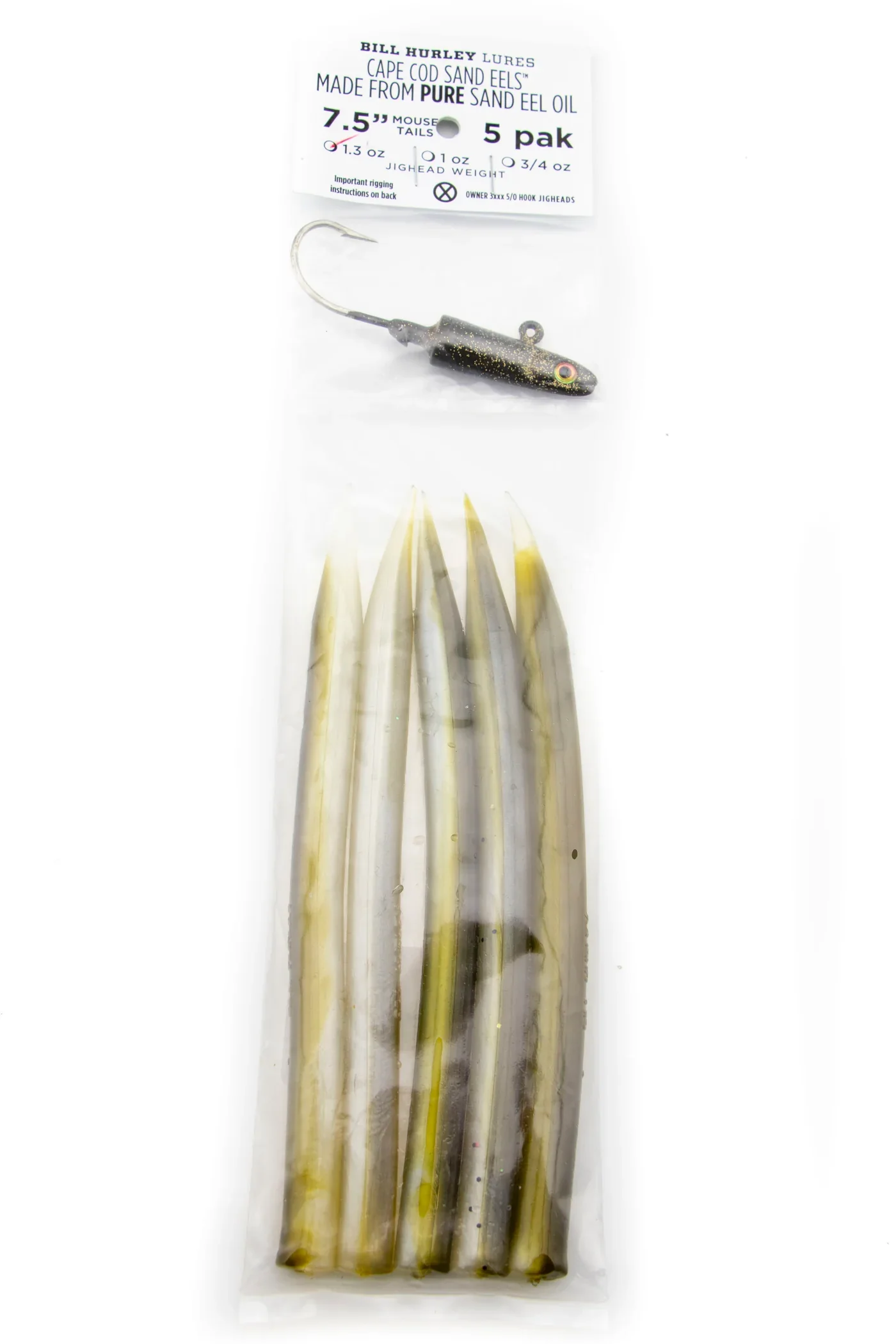 Bill Hurley 7.5" Cape Cod Sandeels 1.3oz 5pk Mouse Tail Olive - Image 2